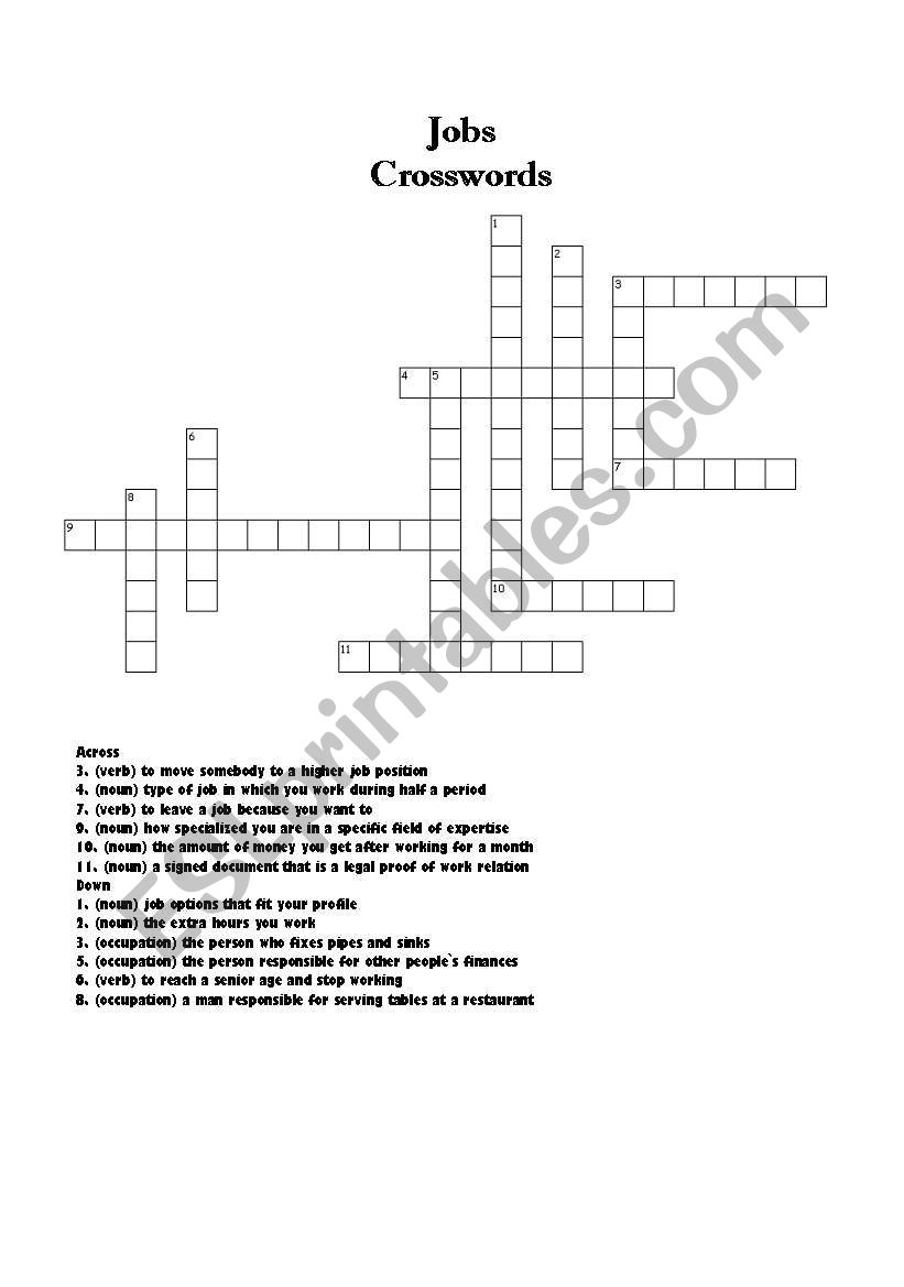 Jobs Vocabulary Crossword worksheet