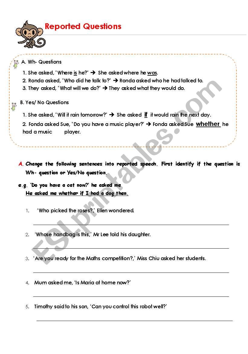 Reported Speech - Questions worksheet