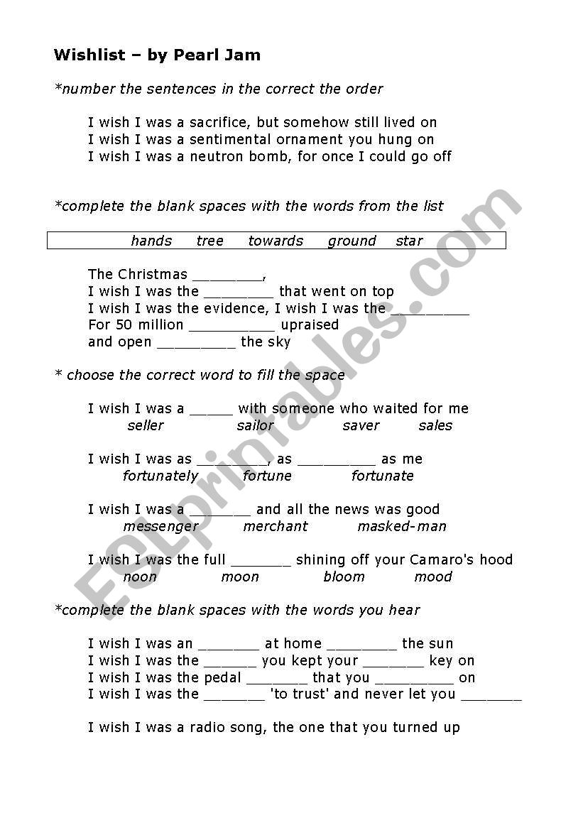 Song - Wishlist by Pearl Jam worksheet