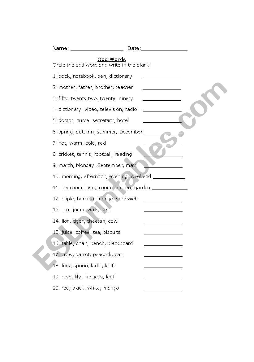 Odd words worksheet