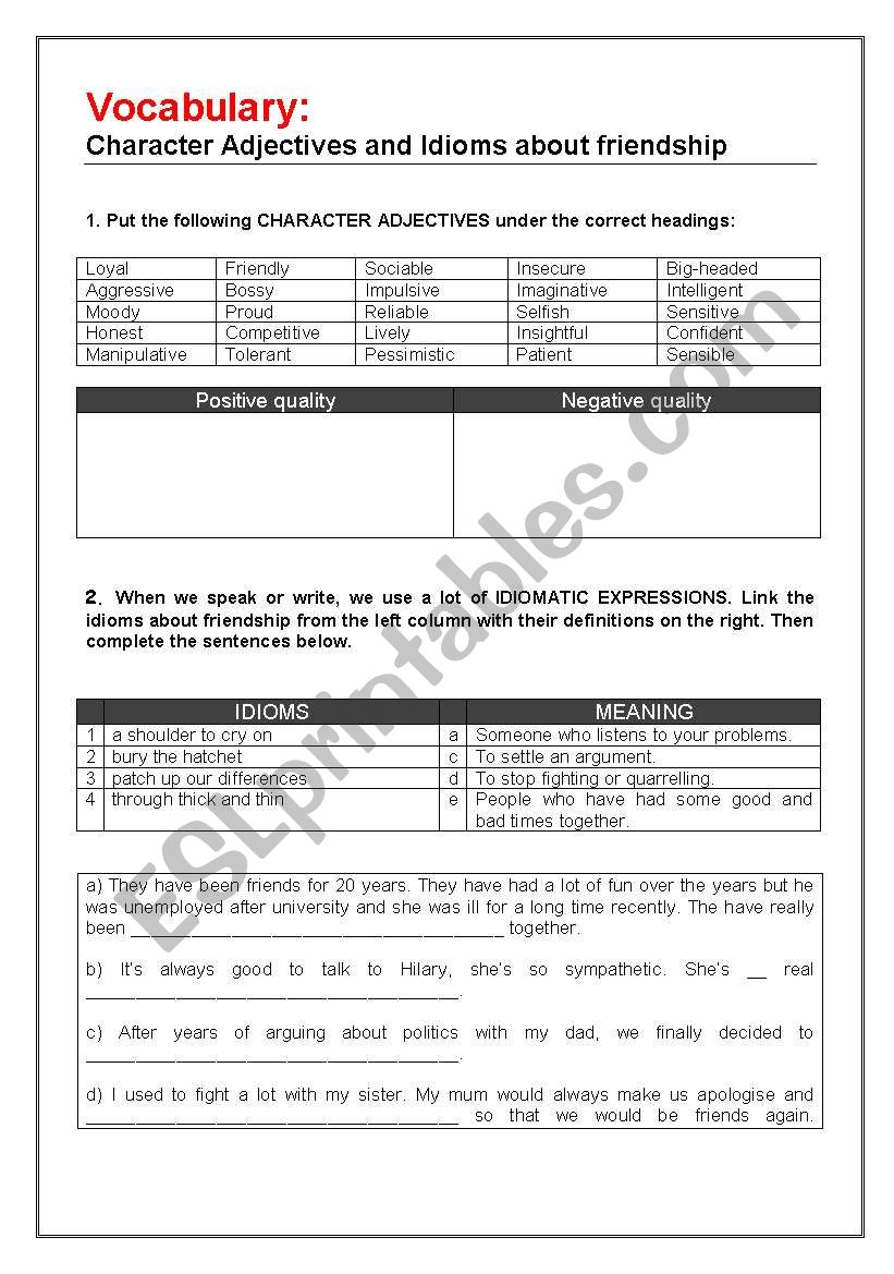 Character Adjectives and Idioms about Friendship
