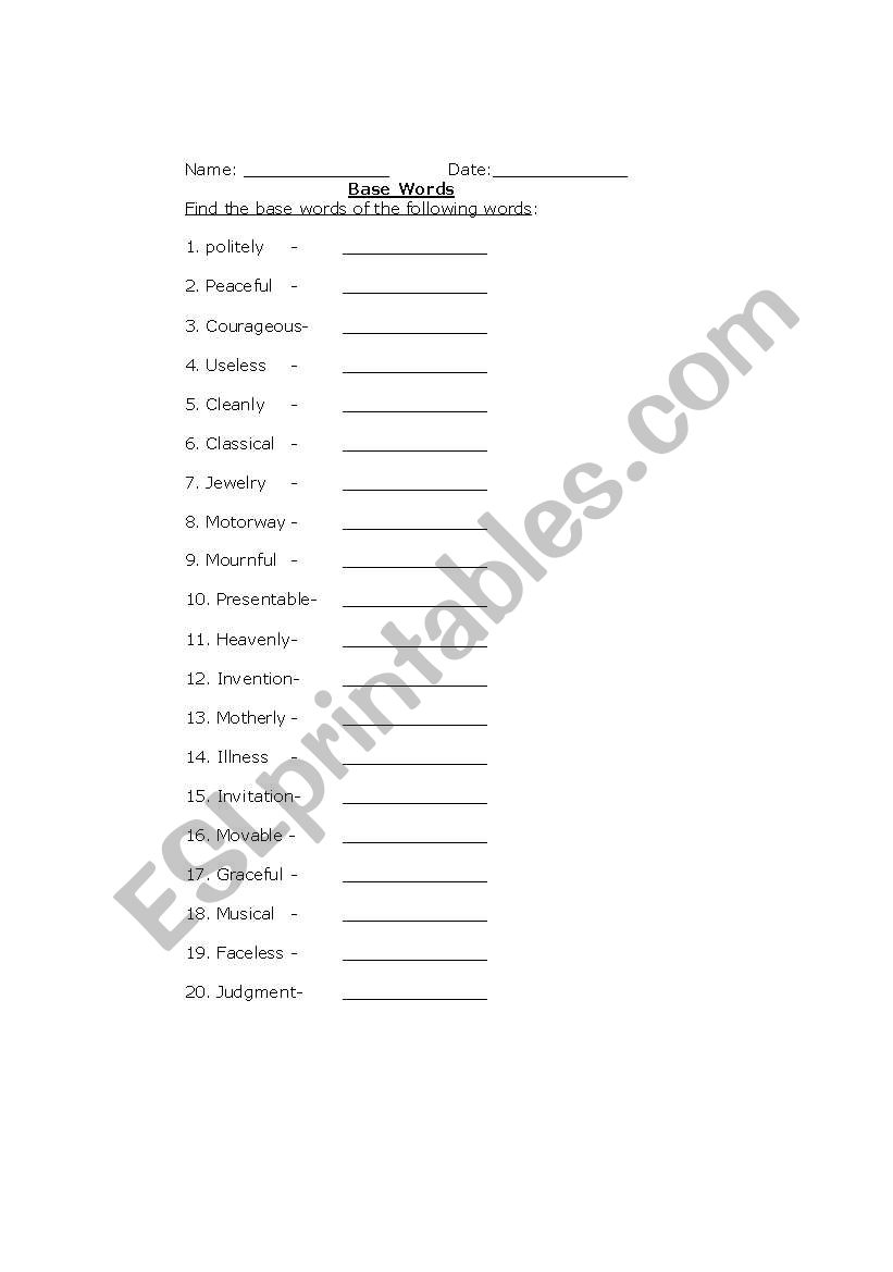 English Base Words Worksheets