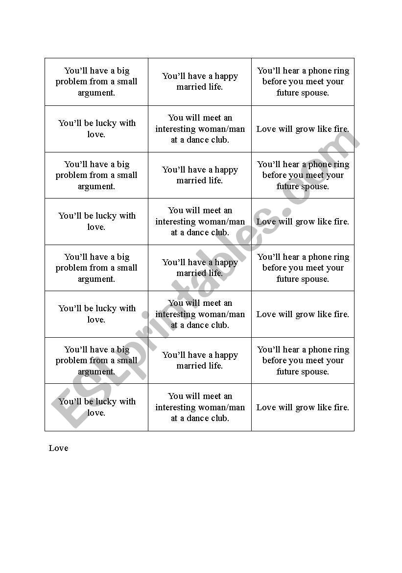 Fortune telling cards(strips) worksheet