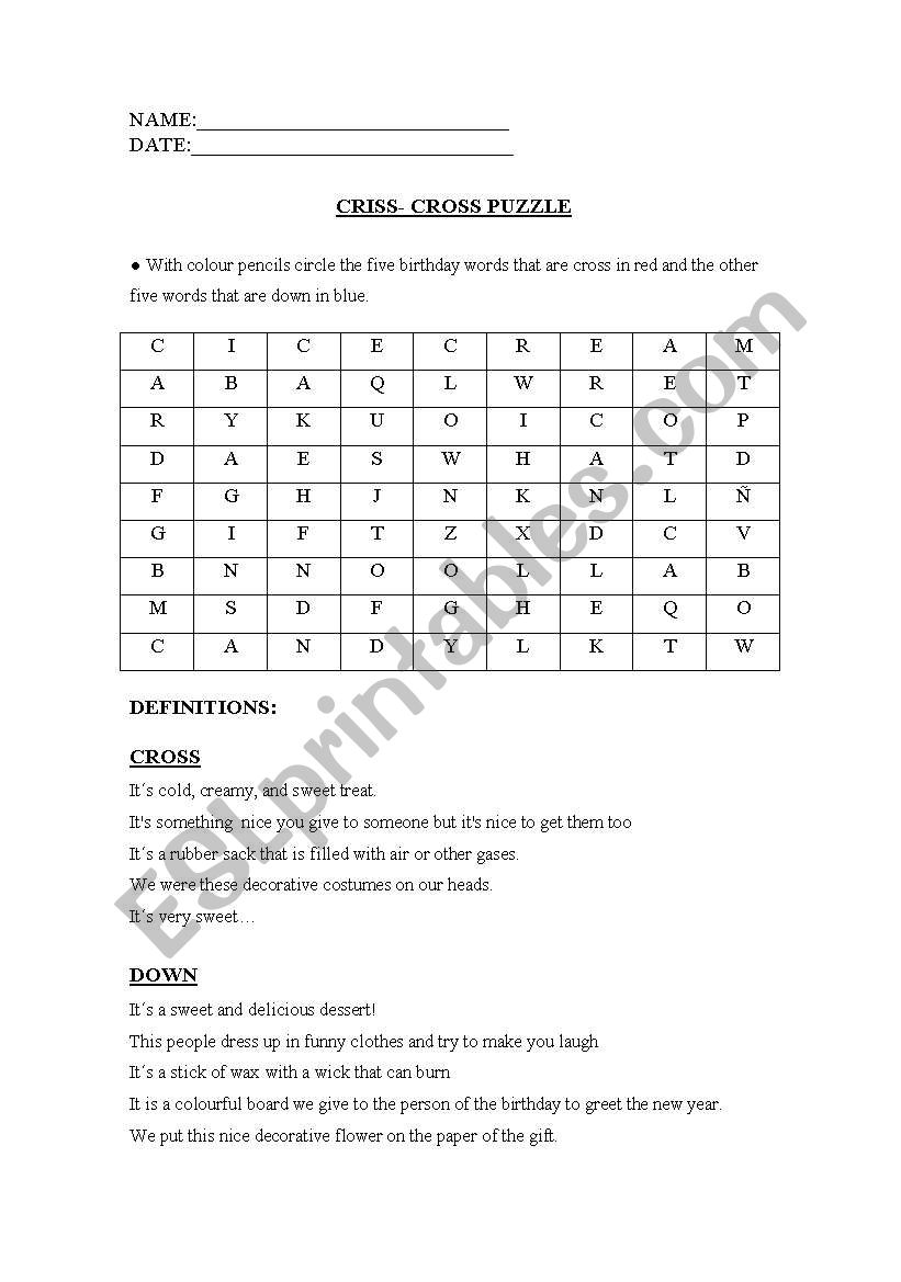 Birthday criss-cross puzzle worksheet