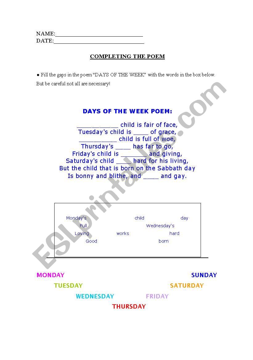 days of the week poem worksheet