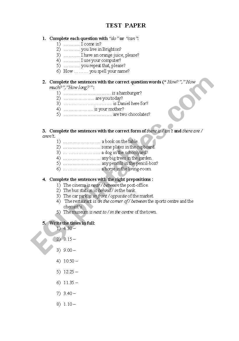 test paper worksheet