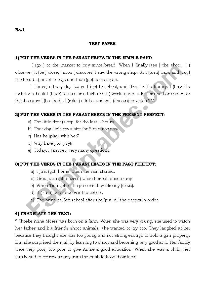 test paper worksheet