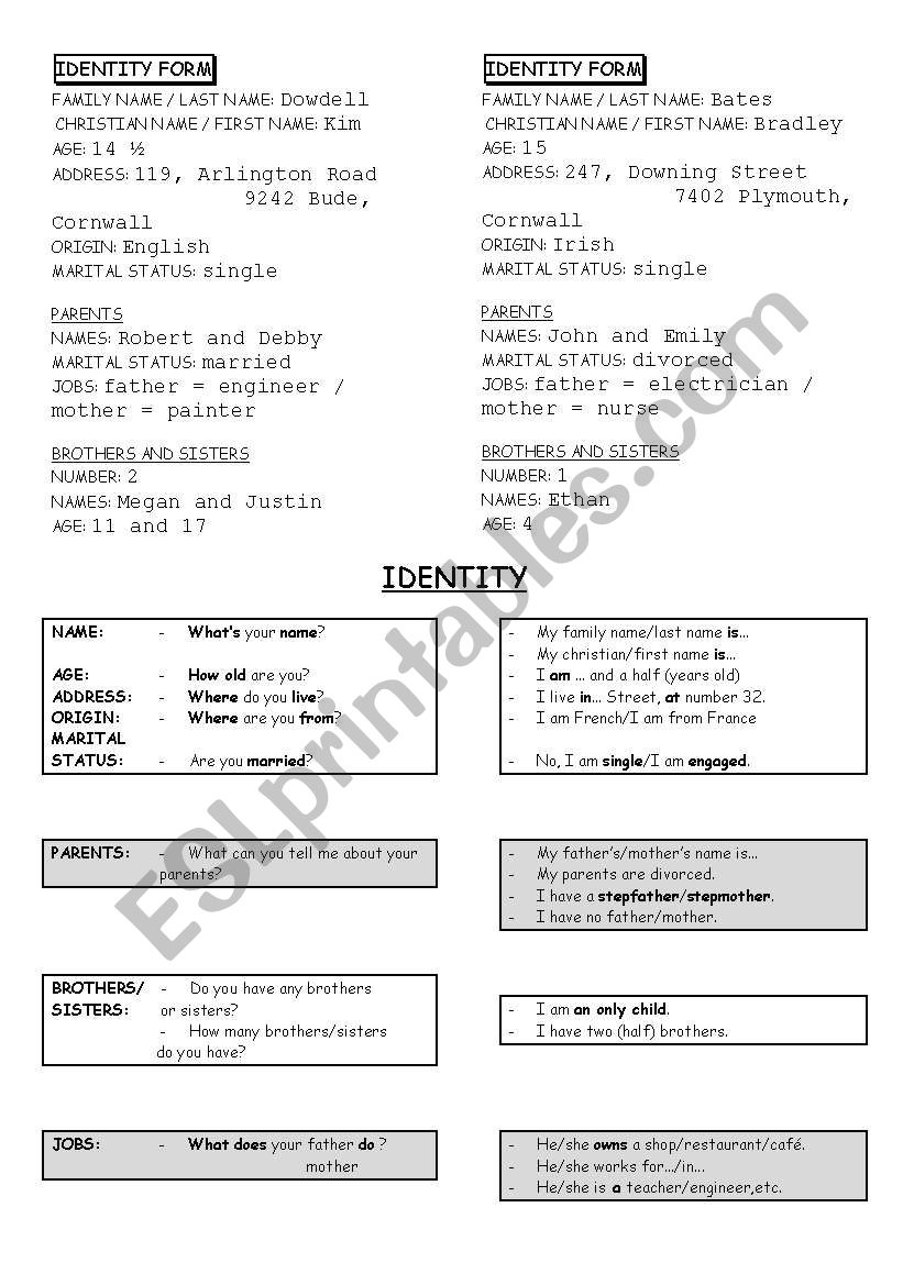 Identity forms worksheet