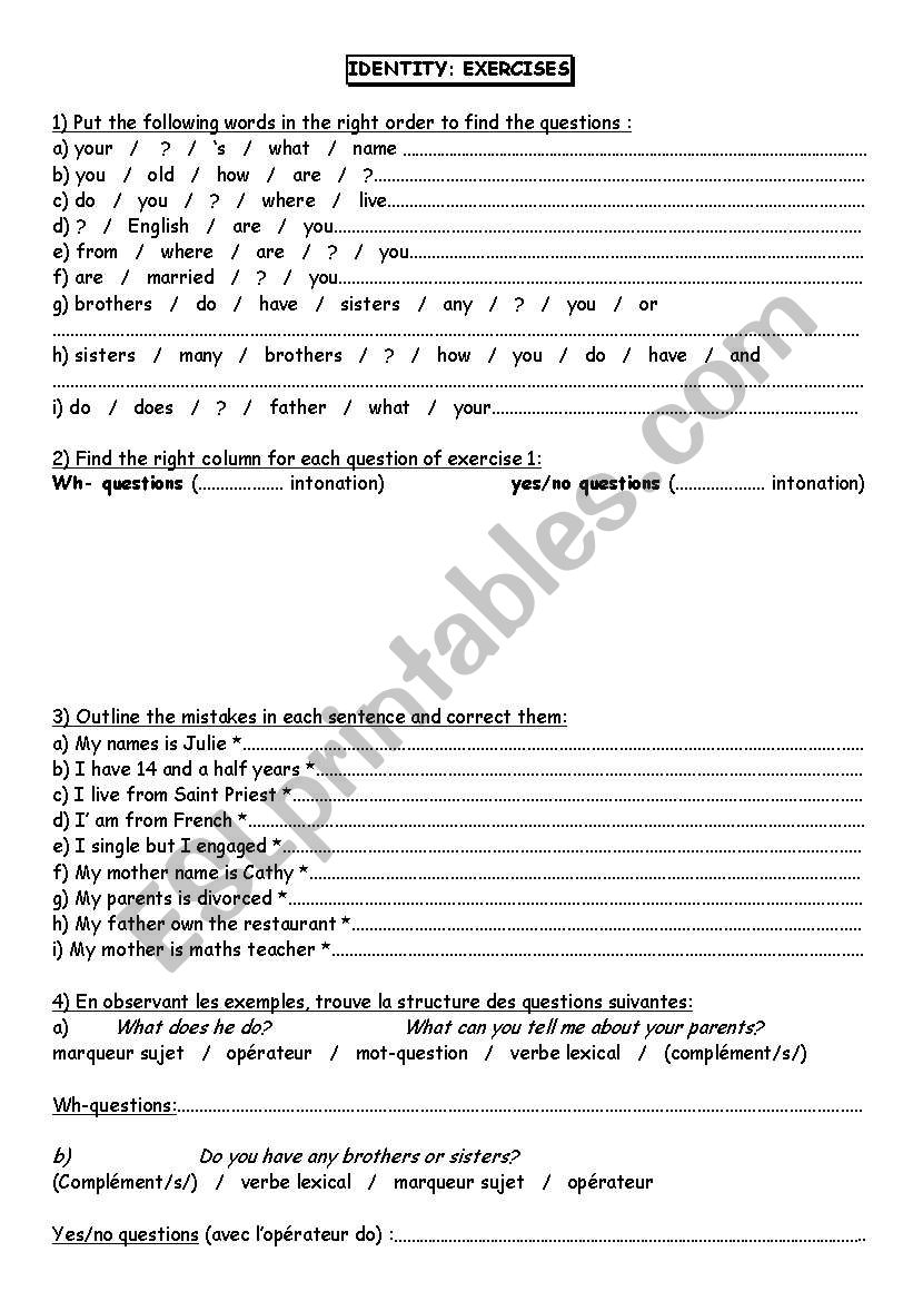 Identity : exercises worksheet