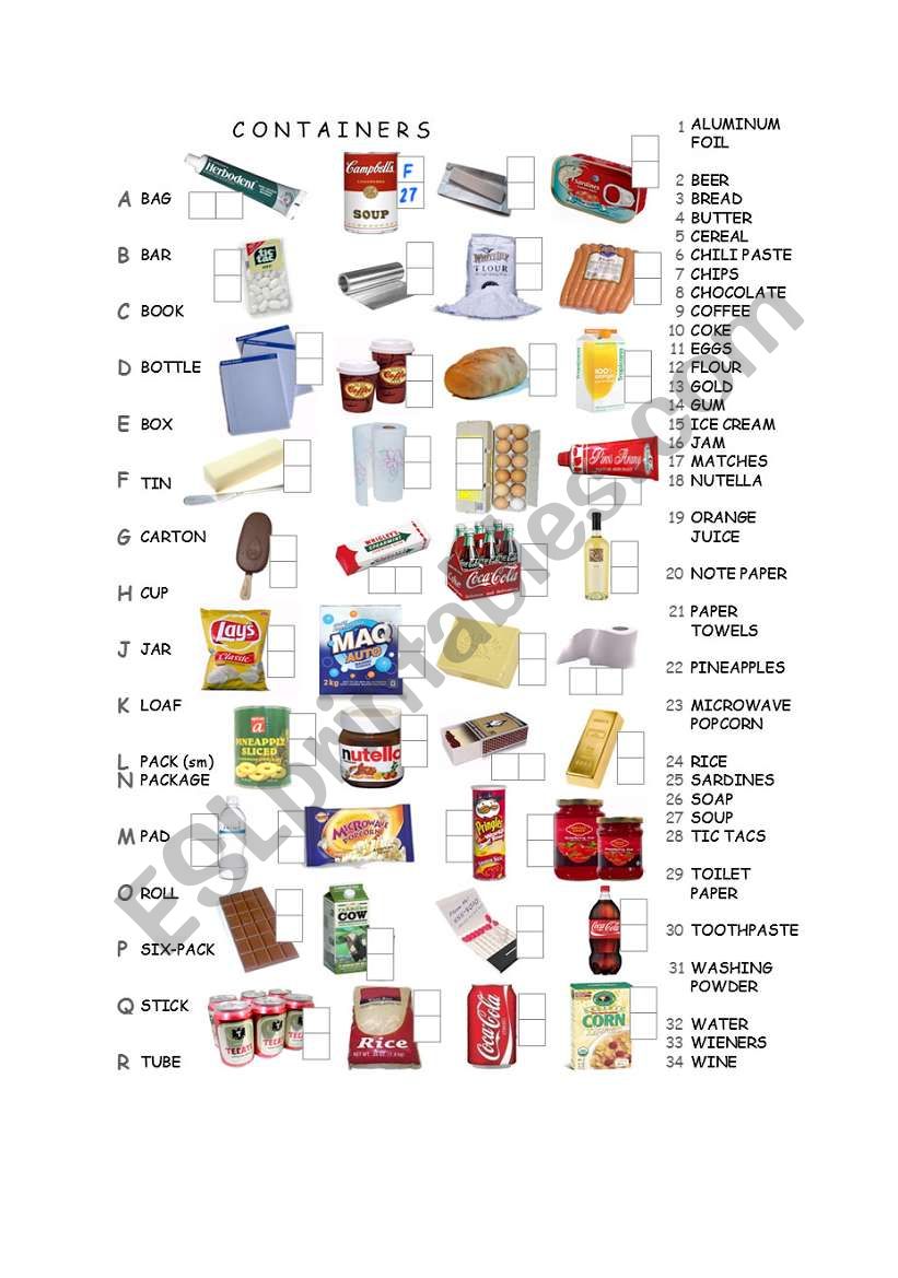 Containers: match the items name and container to the picture