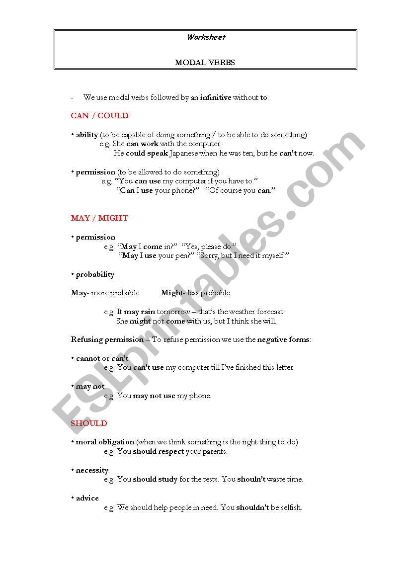 Modal verbs worksheet