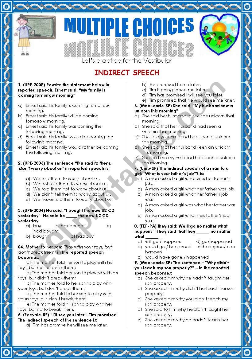 direct and indirect speech worksheet multiple choice