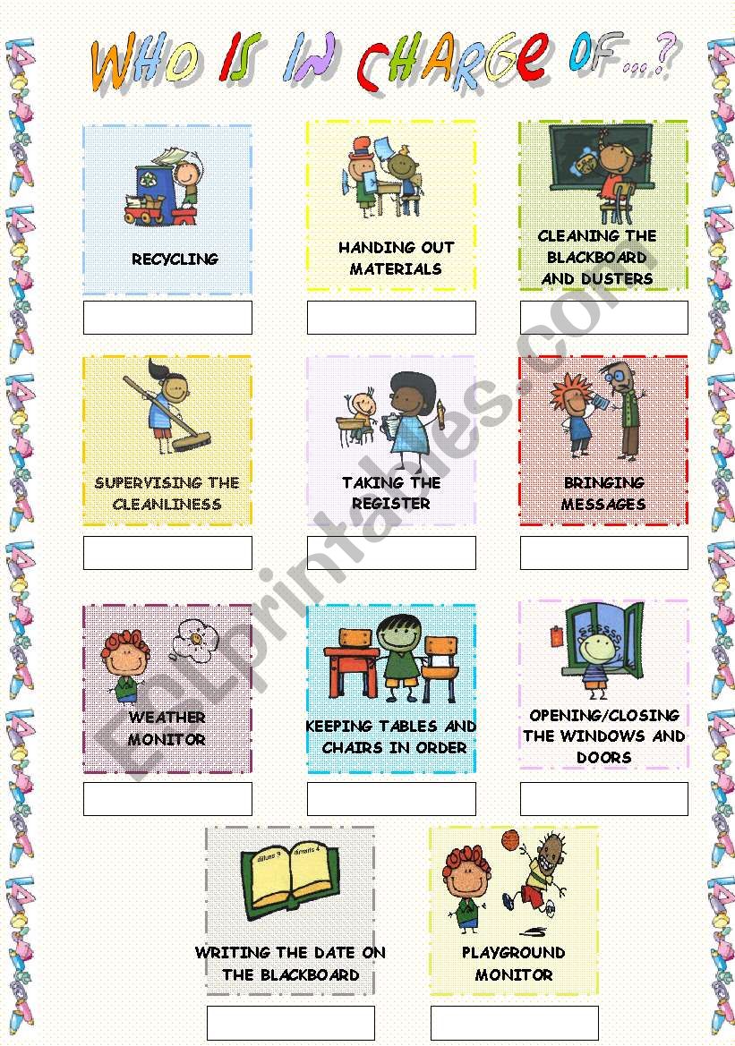WHO´S IN CHARGE OF? (Job Chart) Mural ESL worksheet by zmireiz