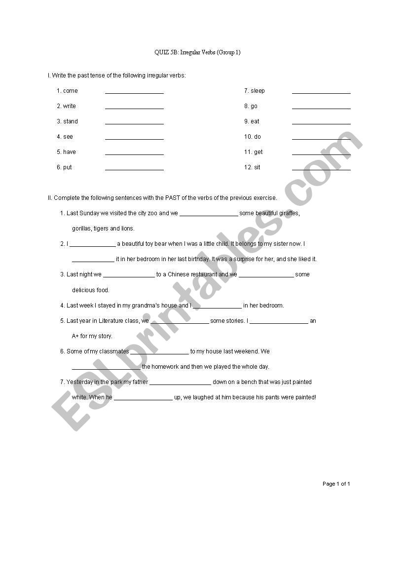 Irregular Verbs worksheet