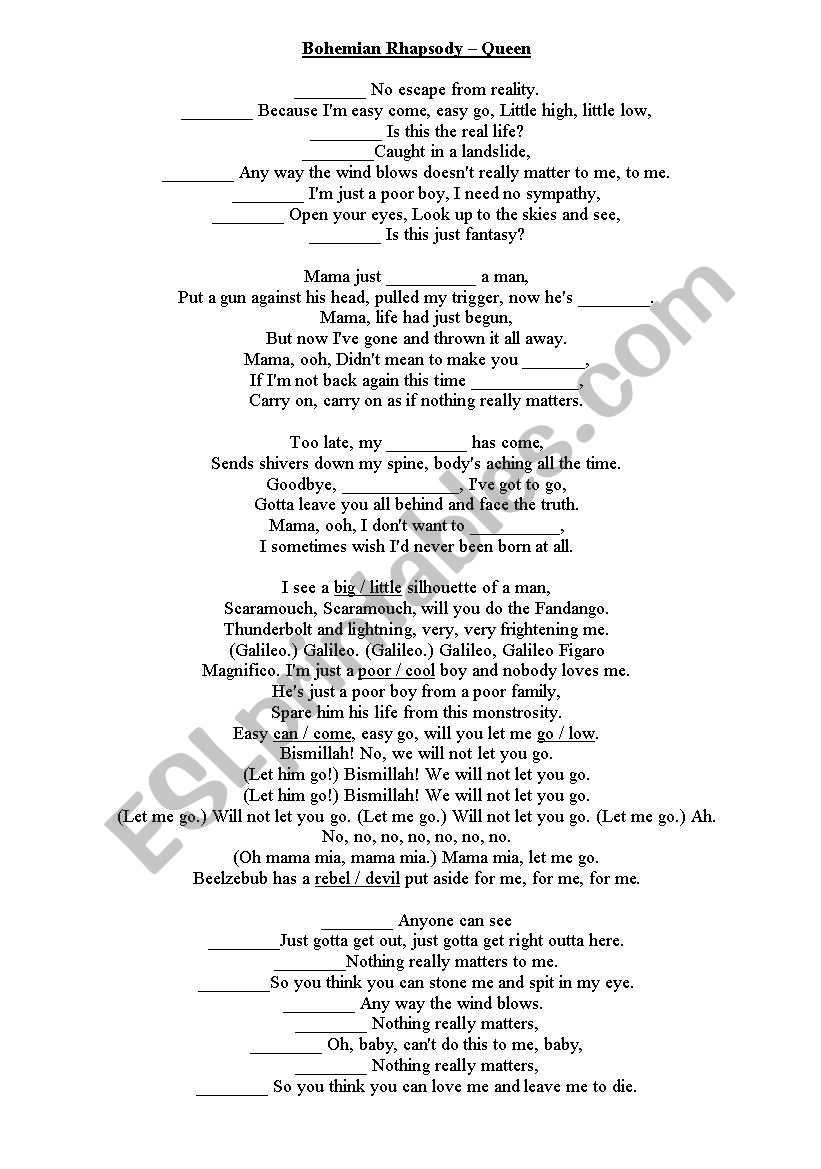 Bohemian Rhapsody worksheet