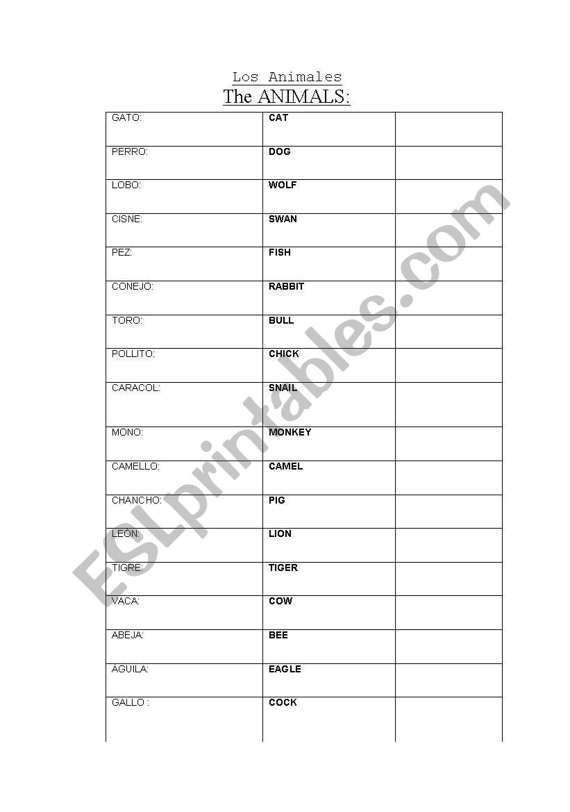 List of animals worksheet
