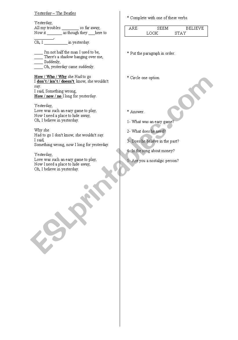 Yesterday - The Beatles worksheet