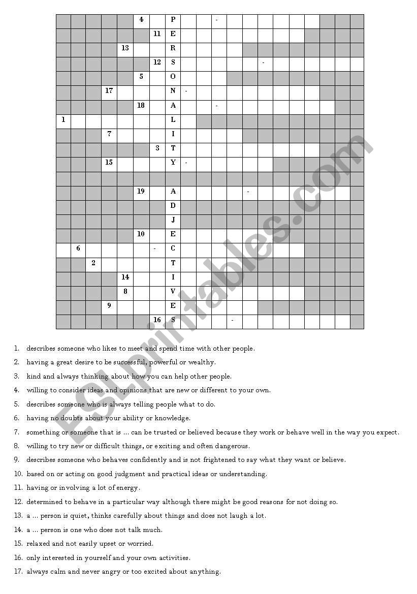 Personality Crossword worksheet