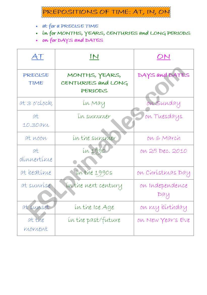 prepositions of time worksheet