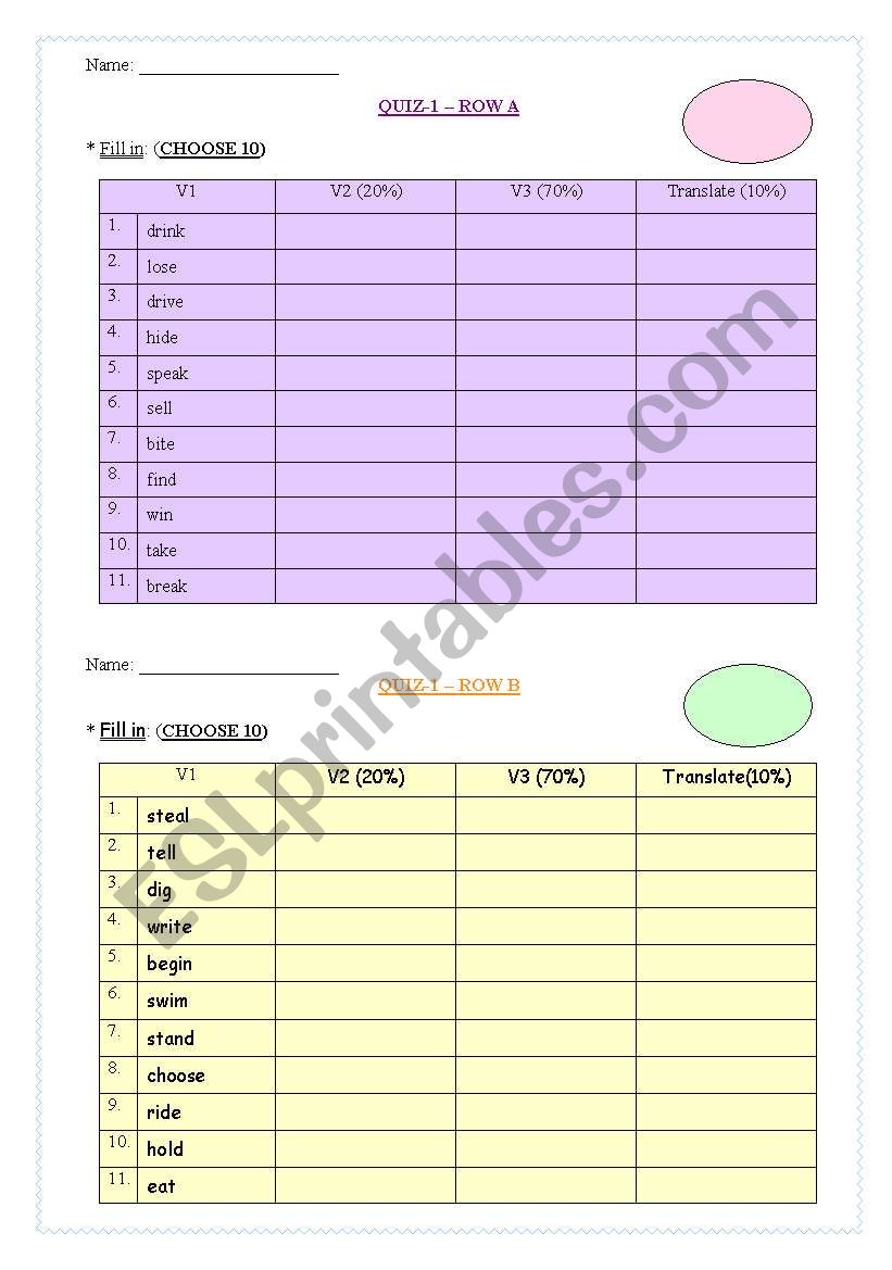 Verb Quiz1-Checking the 2nd/3rd form of verb+KEY