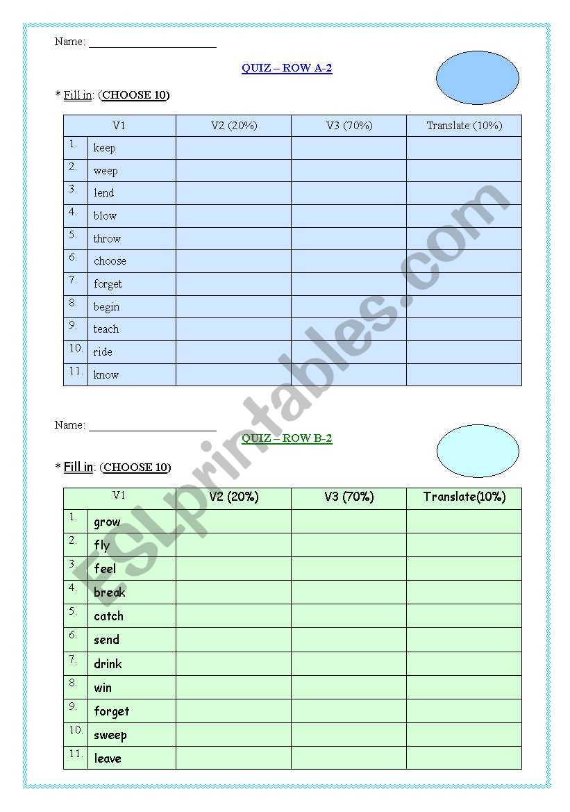 Verb Quiz2- Checking the 2nd/3rd form of verb+KEY