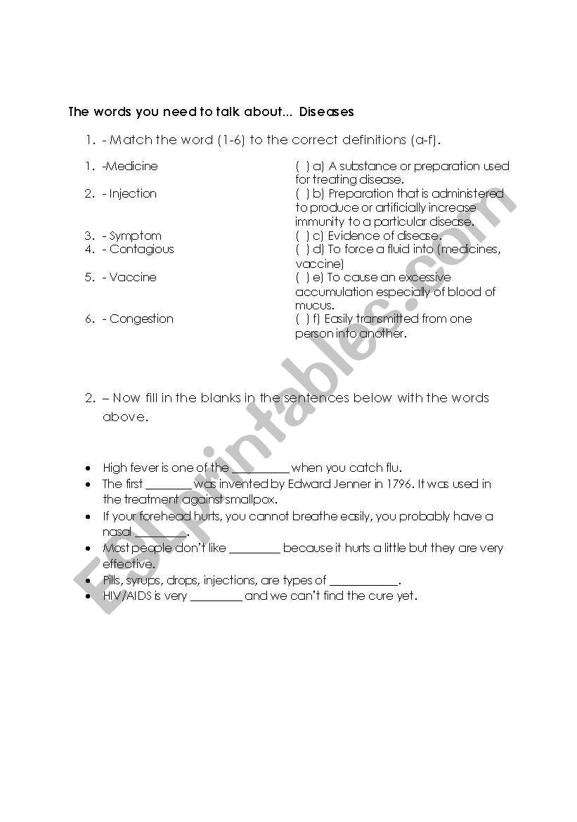 diseases vocabulary worksheet