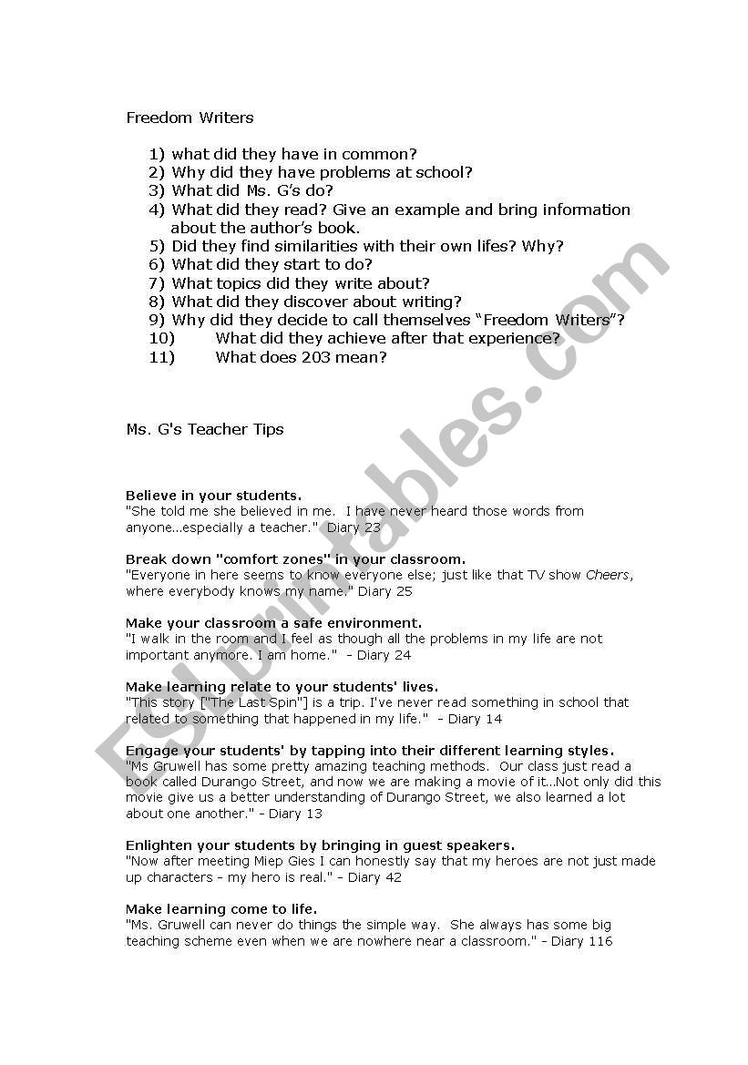 Freedom Writers worksheet