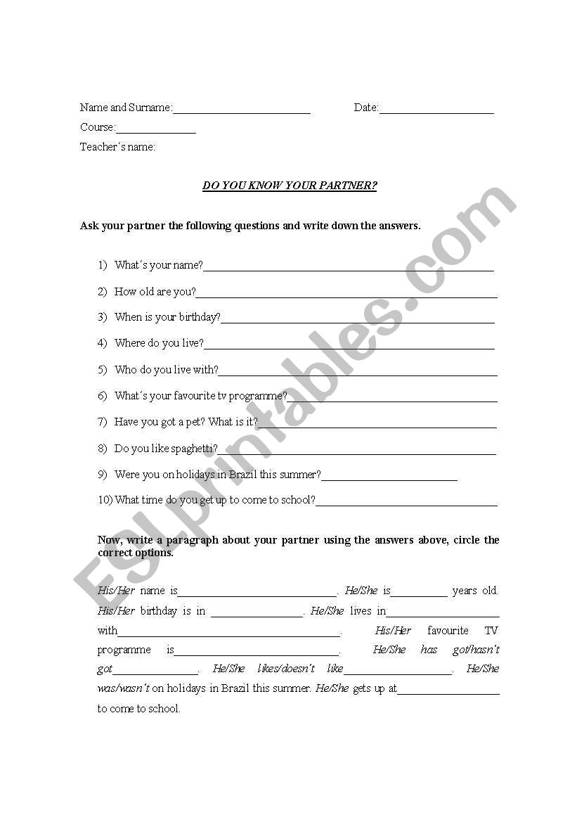 Do you know your partner? worksheet