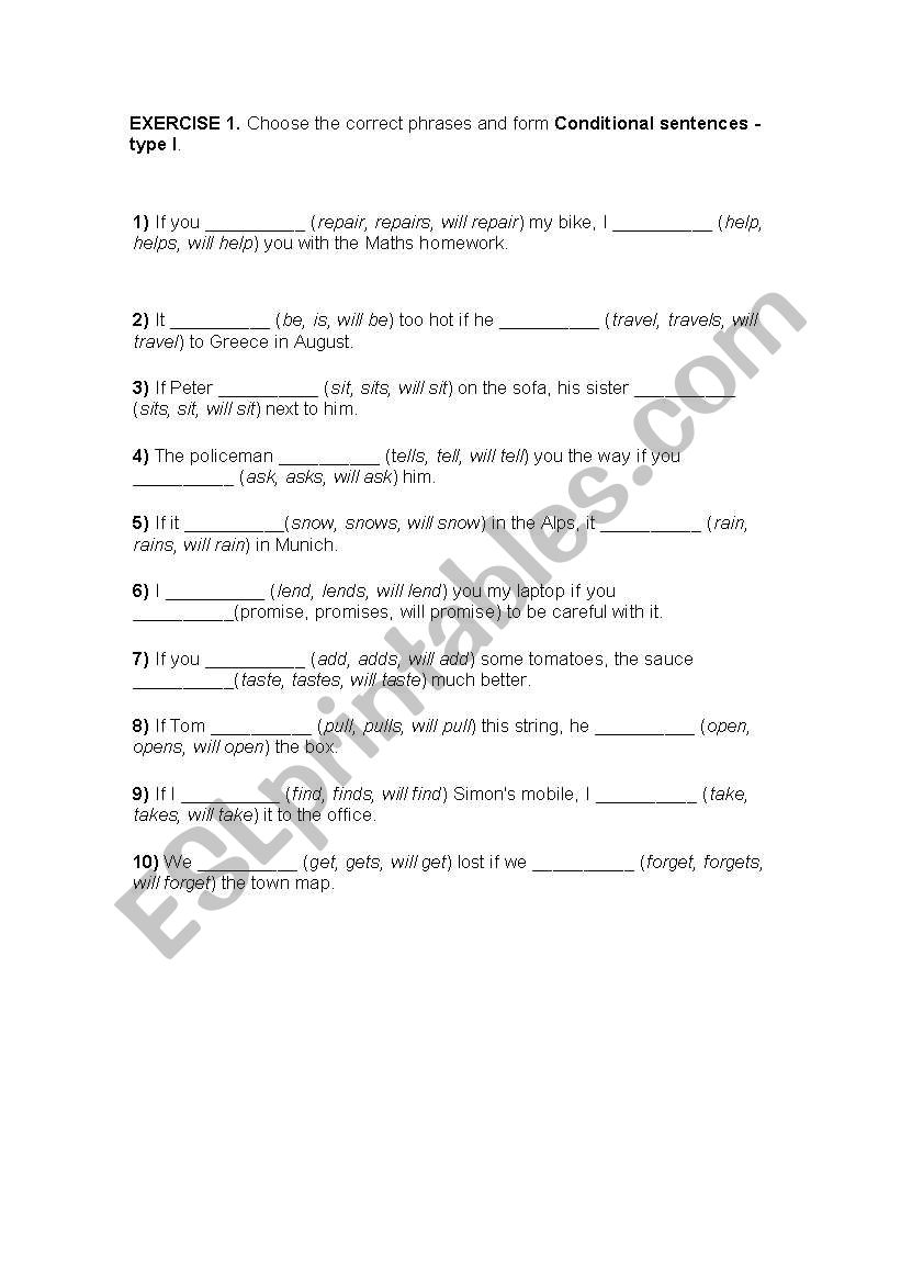 Conditional Sentences Type 1 worksheet