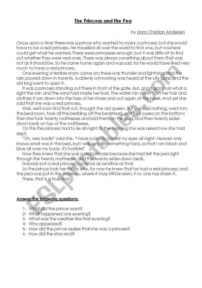 The prince and the Pea worksheet