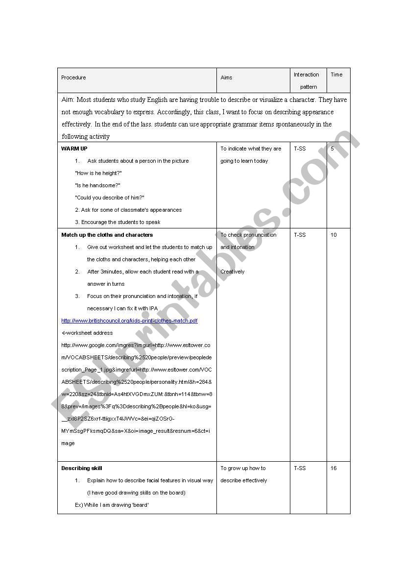 describing classmate lesson plan