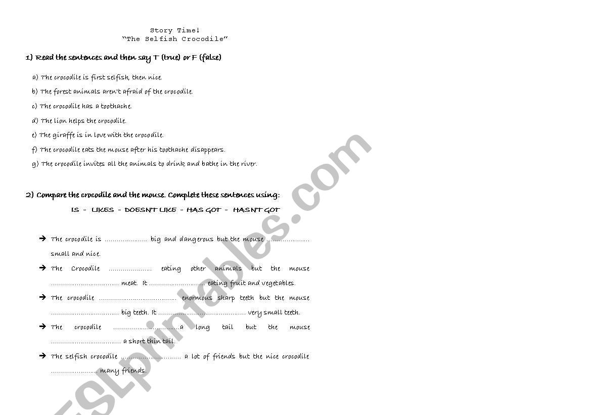 The Selfish Crocodile worksheet