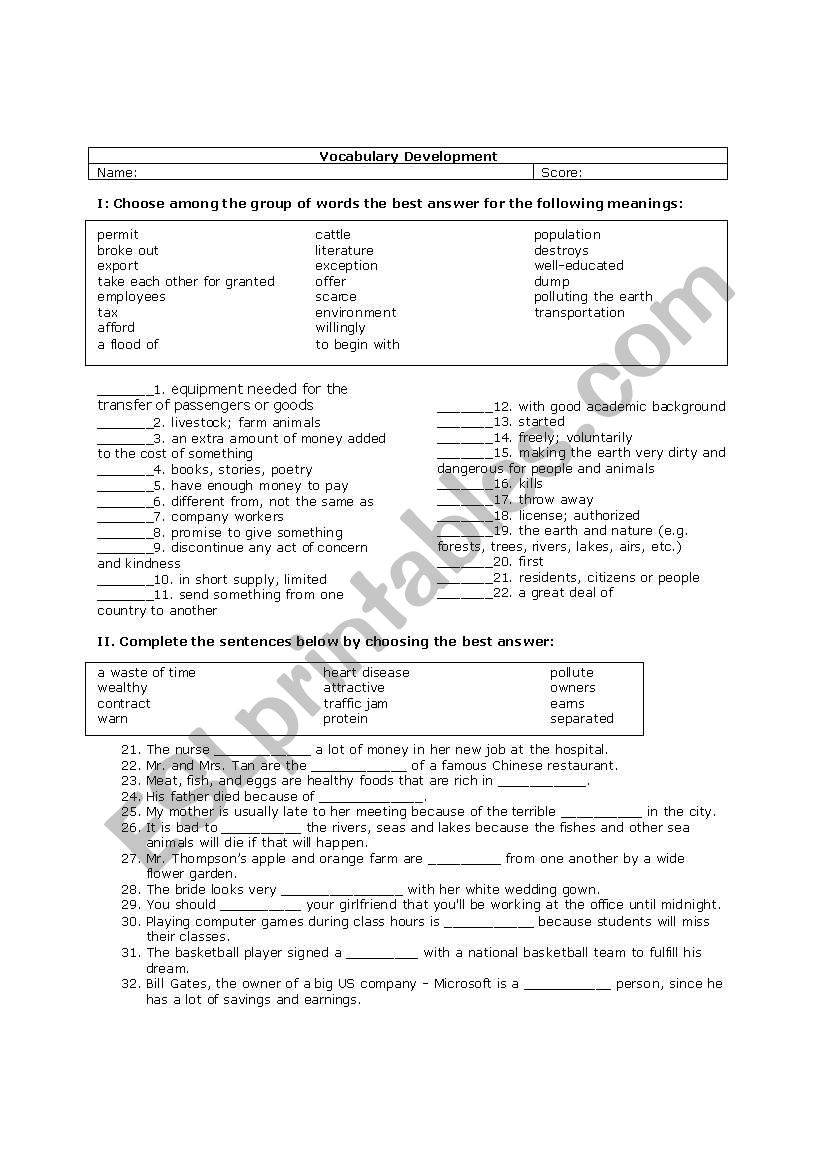 Vocabulary Development worksheet