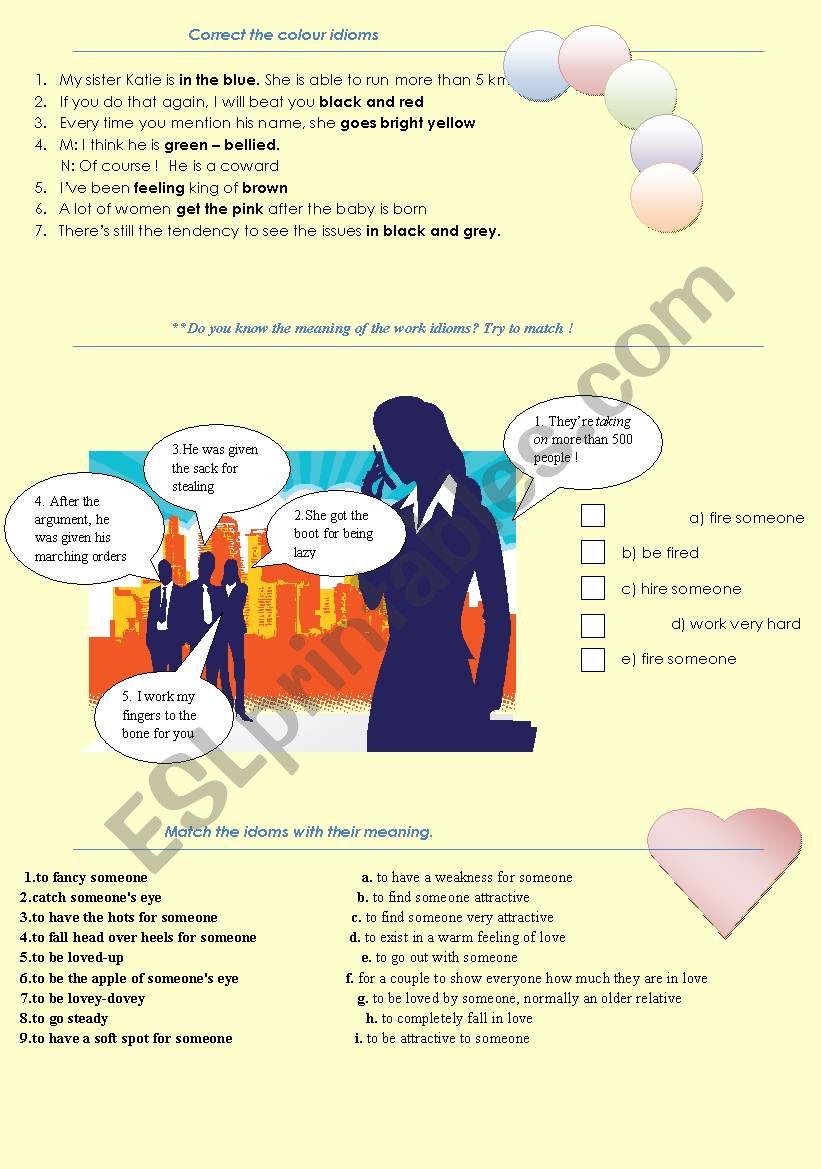 Idioms coulours, work, love worksheet