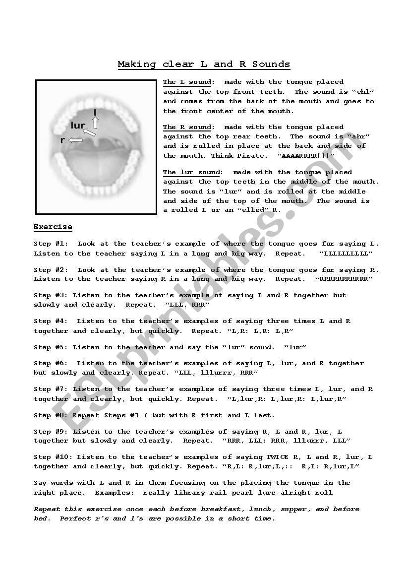 Making clear L and R sounds worksheet