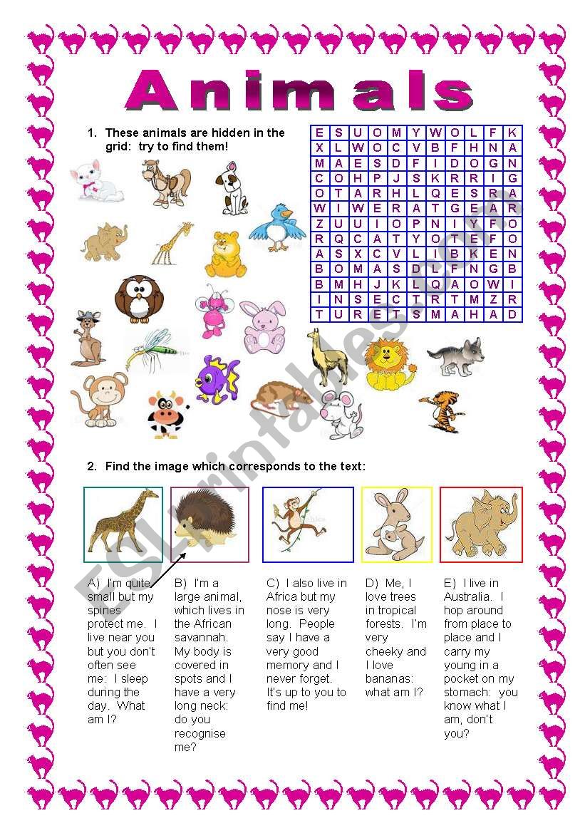 Animals wordsearch worksheet