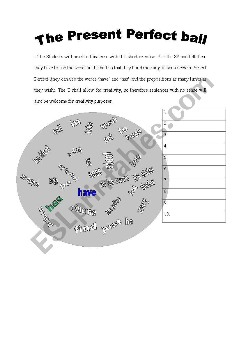The Present Perfect Ball worksheet