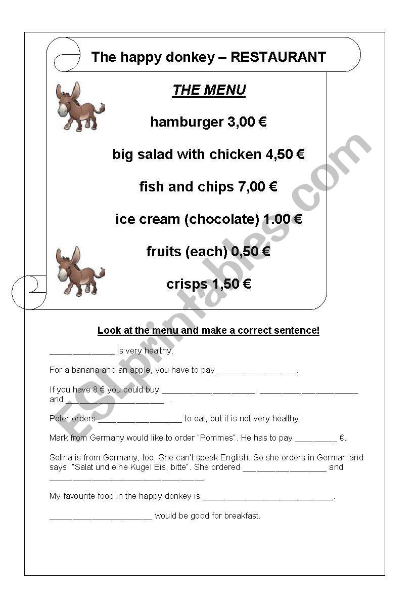 in a restaurant - the menu  worksheet