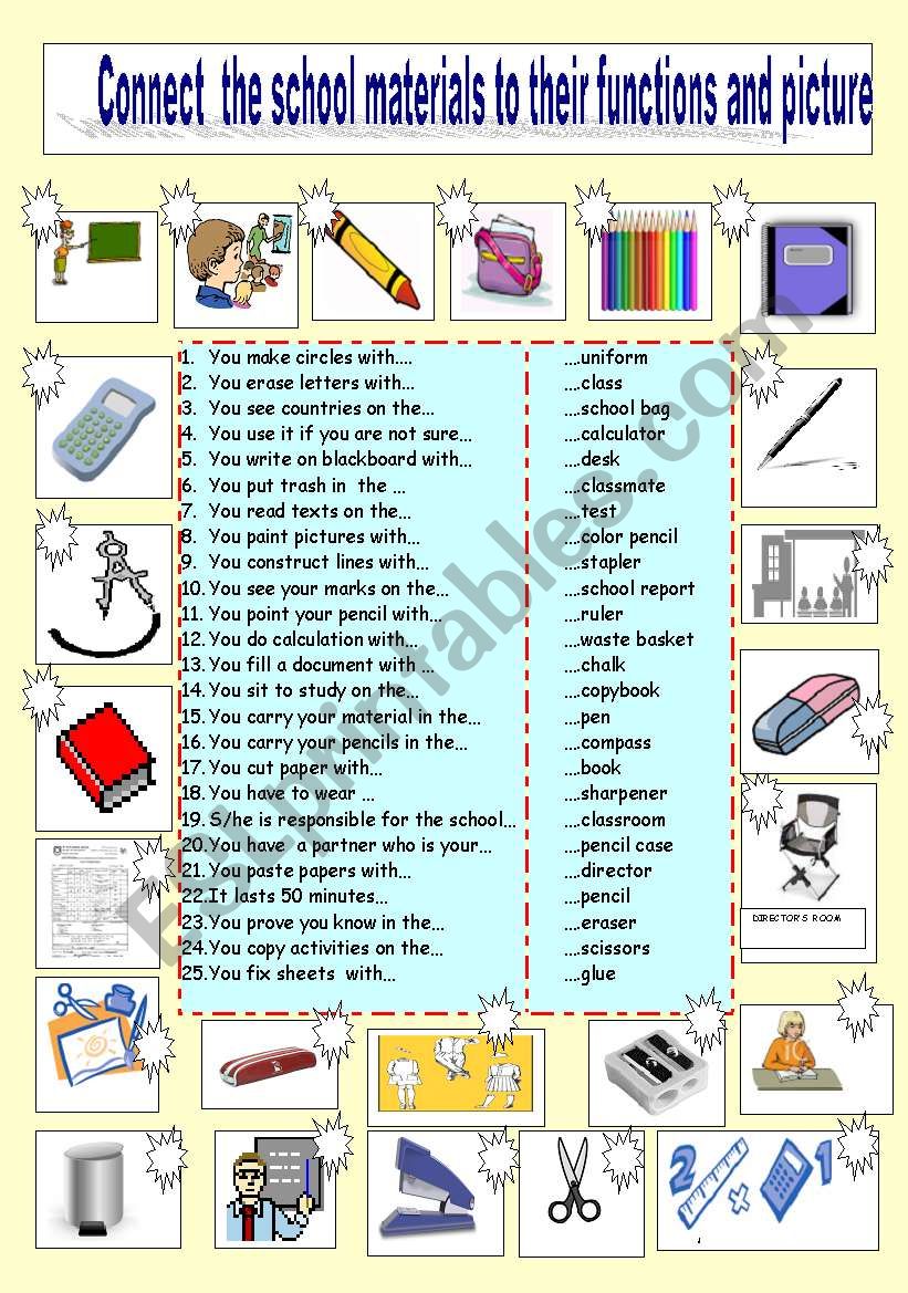 Match school materials to their functions