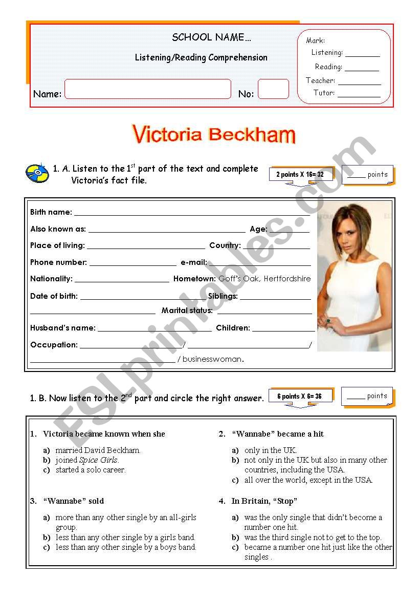 Victoria Beckham and The Spicd Girls Comeback Concert Tour  -  Listening + Reading Test/Worksheet for Intermediate Students