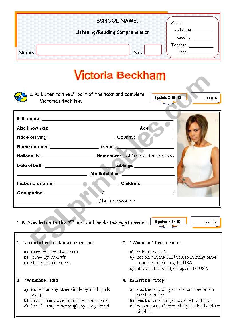 Victoria Beckham and The Spicd Girls Comeback Concert Tour  -  Listening + Reading Test/Worksheet for Intermediate Students