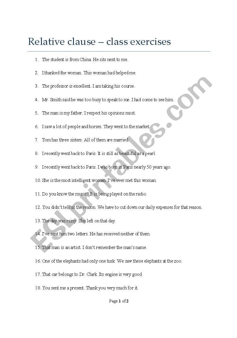 relative clause exercises worksheet