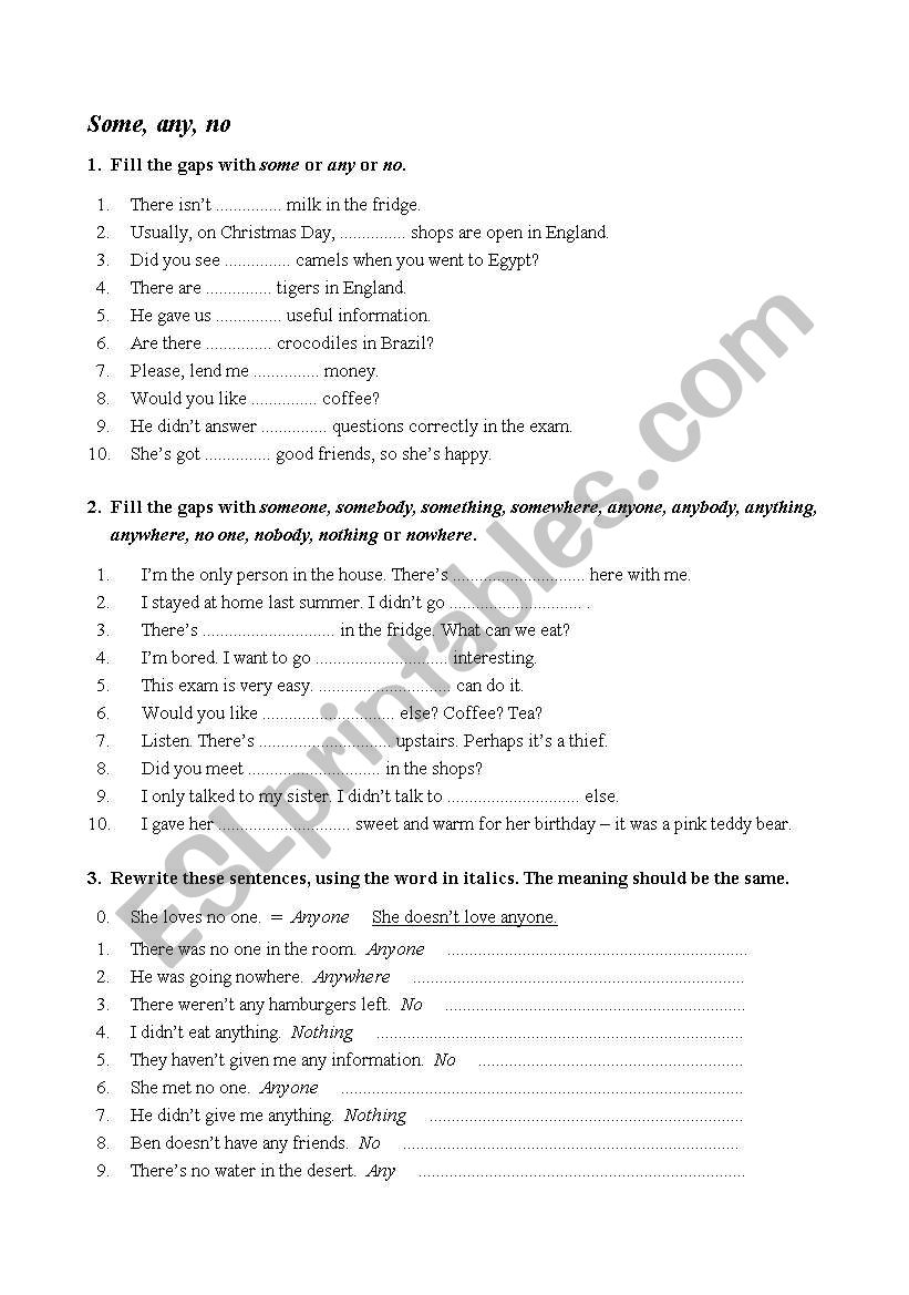 some, any or no. worksheet