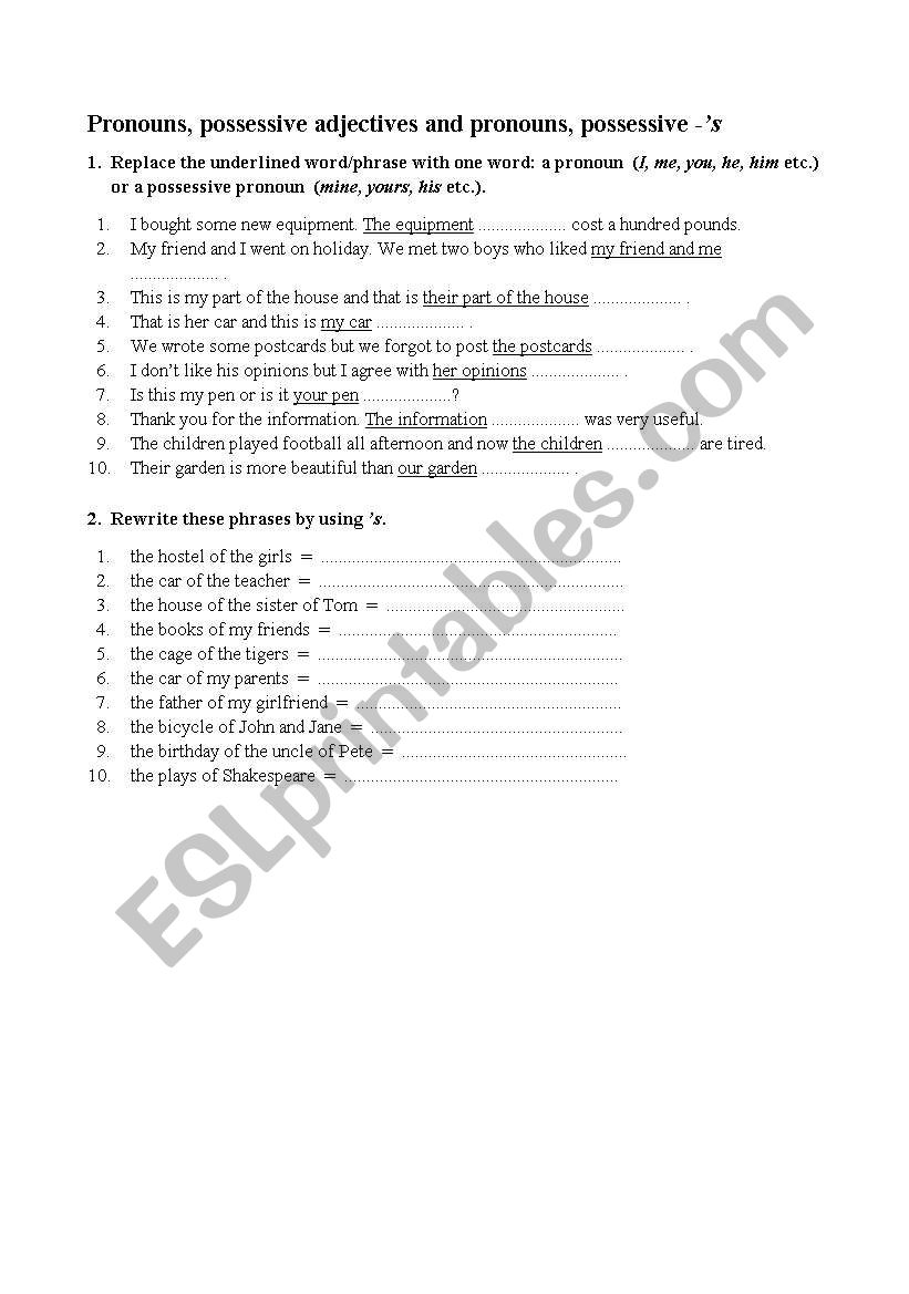 Pronouns, possessive adjectives and pronouns, possessive -s