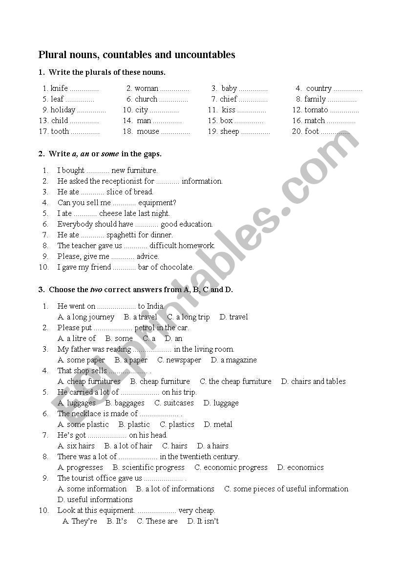 Plural nouns, countable and uncountable nouns