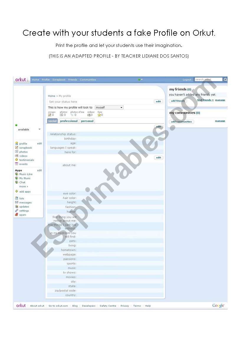 Create a Profile on Orkut worksheet