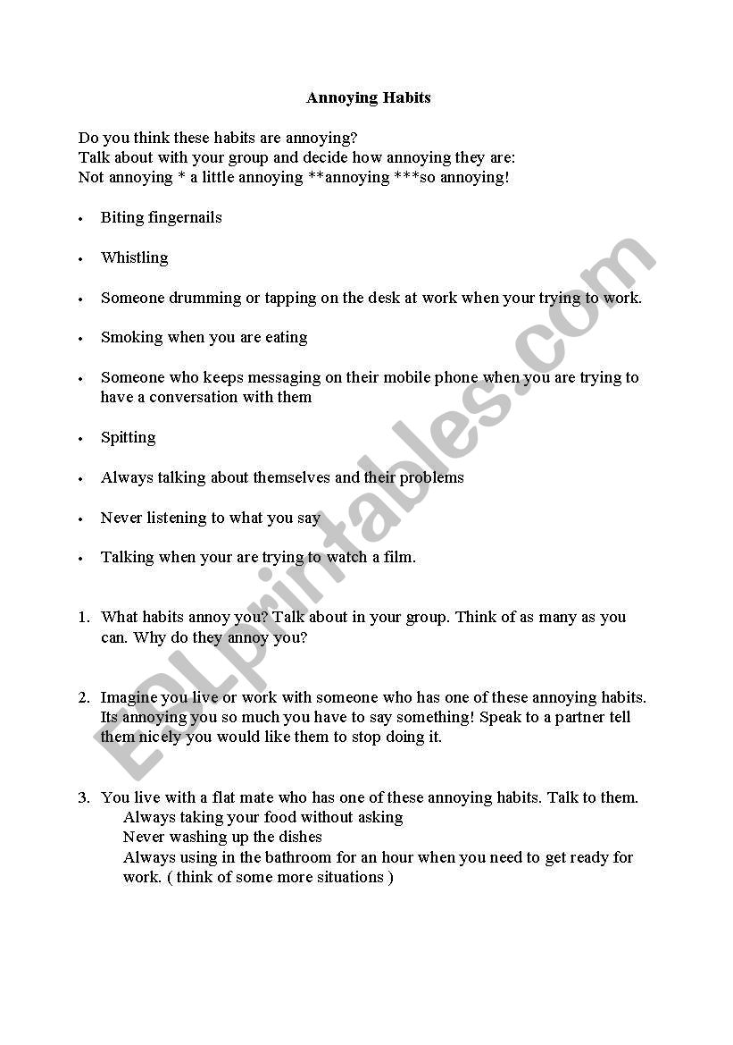 Annoying habits worksheet