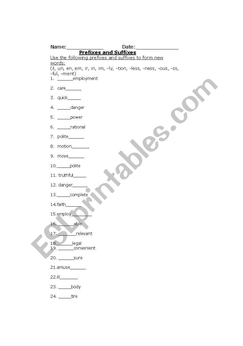 Prefix and Suffix worksheet