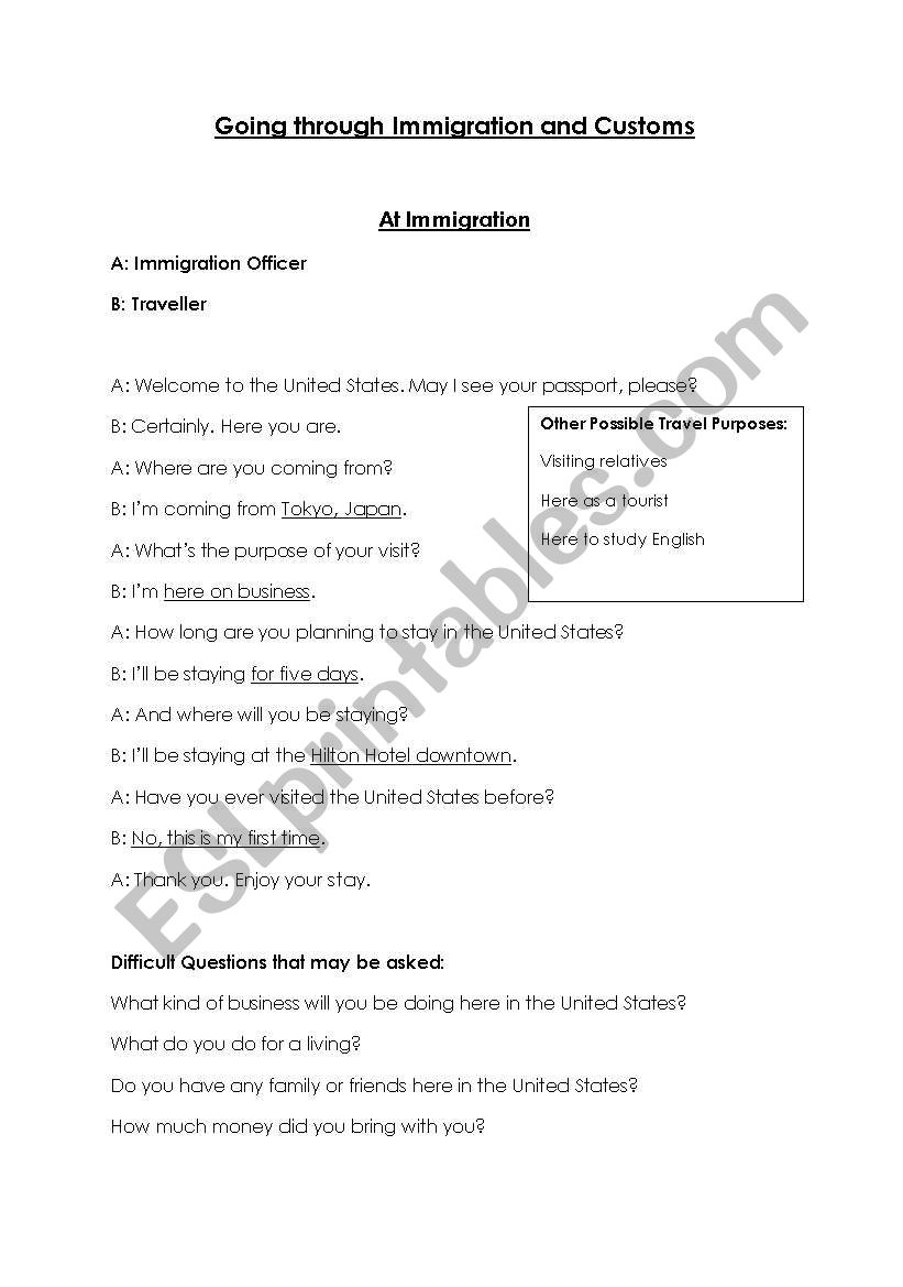 Immigration and Customs worksheet