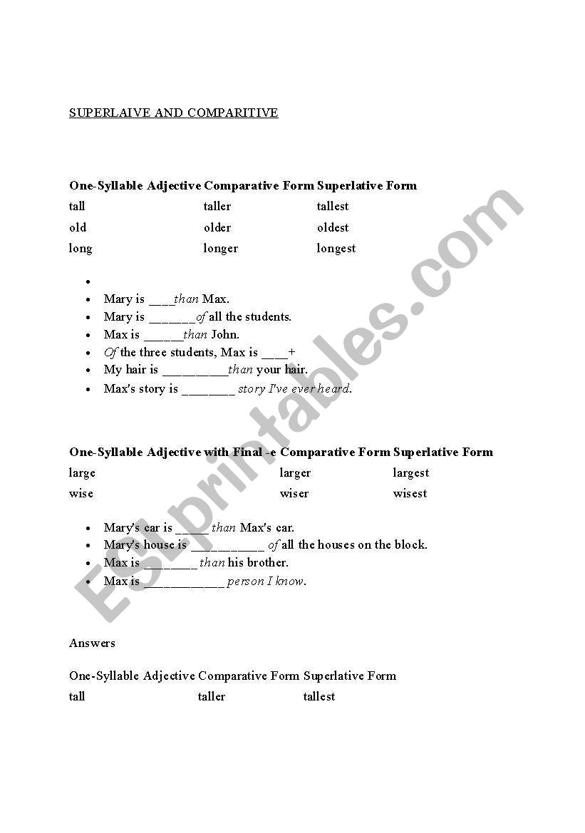 Superlative and comparitive worksheet